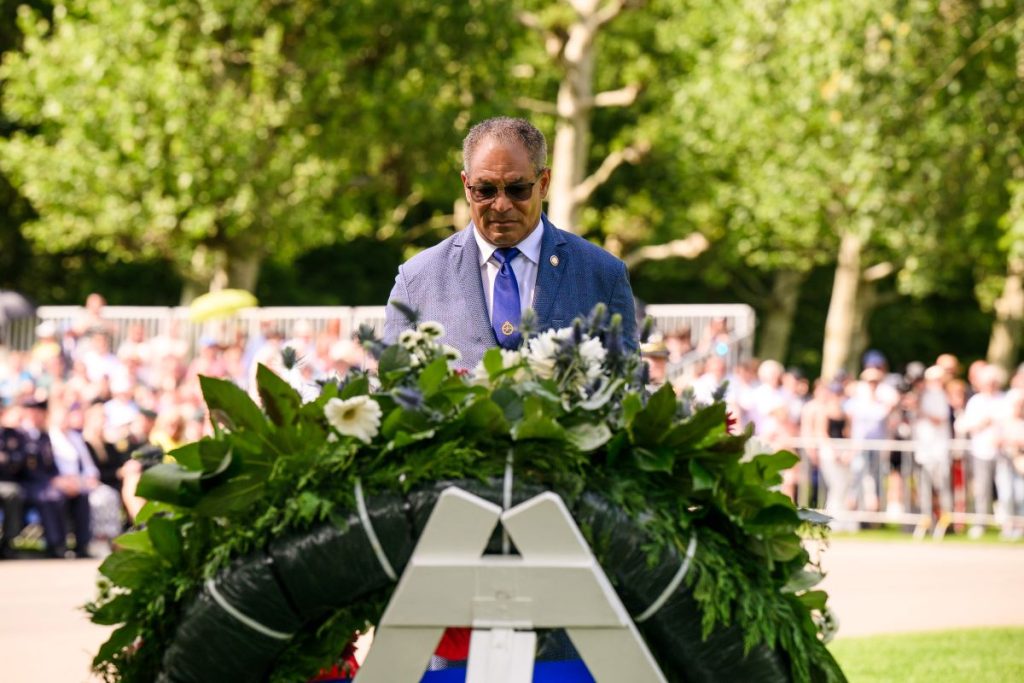 American Battle Monuments Commission Chairman Michael X. Garrett stands for a moment in silence after placing the ABMC wreath at Netherlands American Cemetery May 24, 2026, during the Memorial Day ceremony. (ABMC/Jonathan Vos)