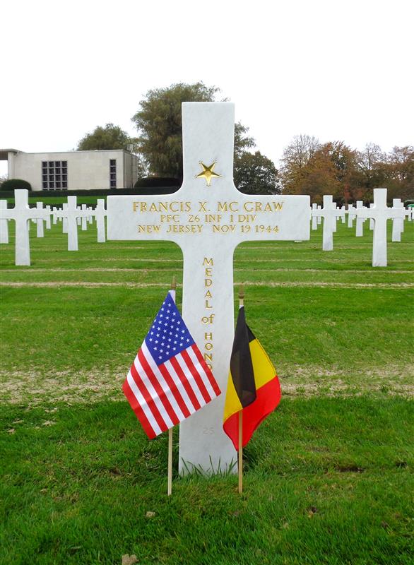 Picture of the headstone of Pfc. Francis X. McGraw at Henri-Chapelle American Cemetery. Credit: American Battle Monuments Commission.