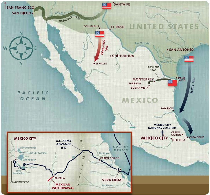 Picture of the map of the U.S. expansion in Mexico at the end of 19th century and beginning of 20th century called “Neighbors in Contention.” Credit: American Battle Monuments Commission.