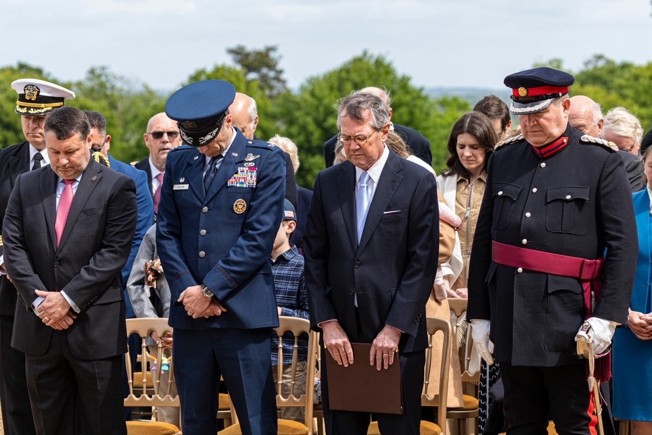 Official party at Memorial Day 2025 ceremony at Cambridge American Cemetery. Credit: American Battle Monuments Commission.