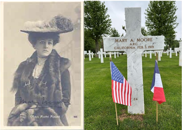 On the left, picture of Mary Agnes Moore. Credit: Oise-Aisne American Cemetery’s archives. On the right, picture of Mary Agnes Moore’s headstone at Oise-Aisne American Cemetery. Credit: American Battle Monuments Commission. 