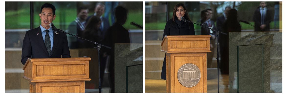 ABMC Chairman Charles K. Djou (left) and U.S. Ambassador to the Netherlands Shefali Razdan Duggal (right) speak during the dedication ceremony.