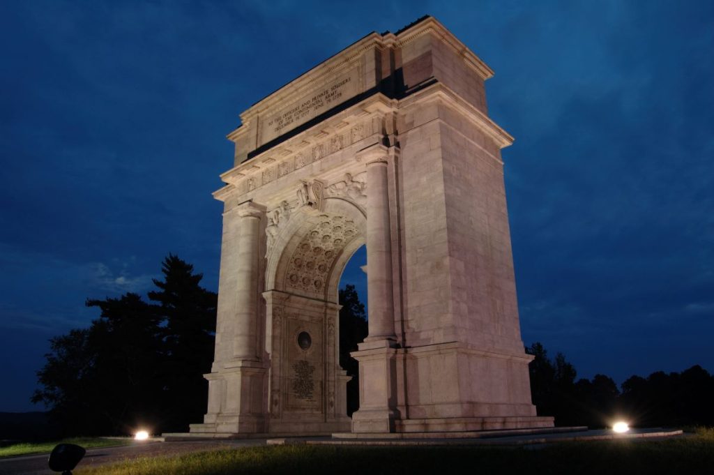The National Memorial Arch, designed by Paul Cret and built between 1914 and 197 at Valley Forge Historical Park commemorates the arrival and sacrifices of Gen. George Washington and the Continental Army at Valley Forge during the Revolutionary War. (National Park Service photo)