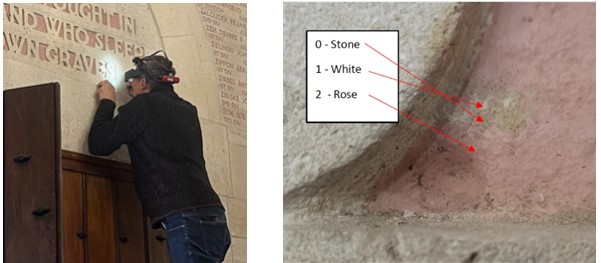 Picture of an expert working inside the chapel at Aisne-Marne American Cemetery to get a sample of the oxblood red paint. Credit: American Battle Monuments Commission.   