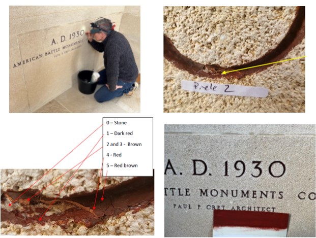Pictures showing the process and location where the paint sample was taken at Chateau-Thierry American Monument. Credit: American Battle Monuments Commission.   