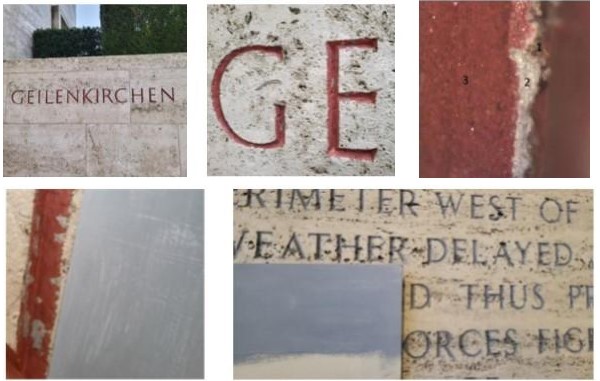 Picture of the location where the sample was taken at Netherlands American Cemetery and the color found. Credit: American Battle Monuments Commission.   