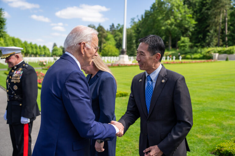 President of the United States Joseph R. Biden Jr. and ABMC Secretary Charles K. Djou Aisne-Marne American Cemetery and Memorial in Belleau