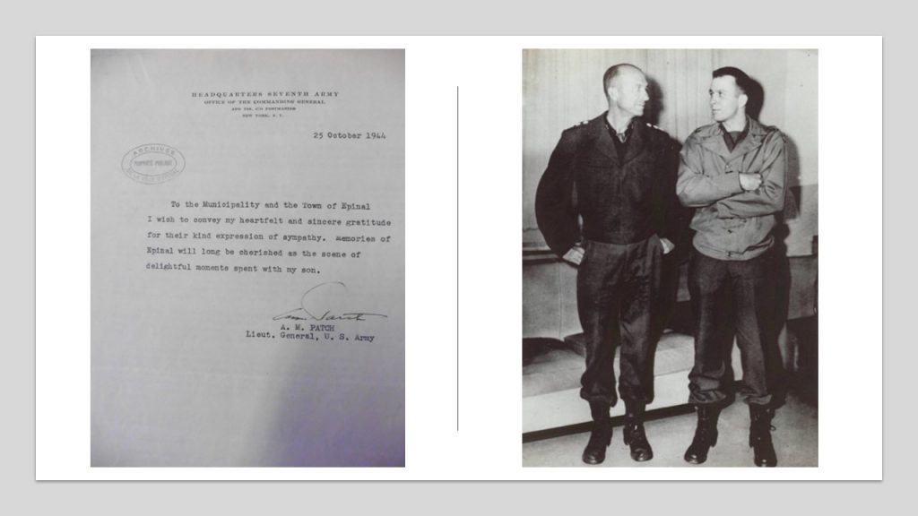 Left: Letter from Alexander M. Patch III to the city of Epinal. Credit: Town of Epinal archives Right: Picture of 7th Army commander, Lt. Gen. Alexander “Sandy” Patch Jr. and his son, Capt. Alexander M. Patch III. Credits: West Point Military Academy archives, location unknown, 1944.
