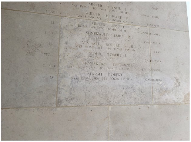 Picture of Robert J. Marsh’s name on the wall of the missing at Henri-Chapelle American Cemetery making it the 451-name listed. Credit: American Battle Monuments Commission. 