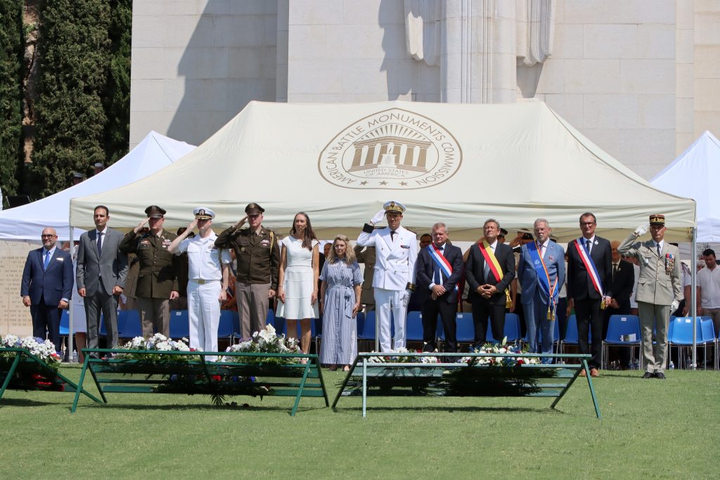 The official party pays their respects Aug. 16, 2025, after the wreath laying during the ceremony honoring the 81st anniversary of Operation Dragoon, in Draguignan, France. (Photo: American Battle Monuments Commission)