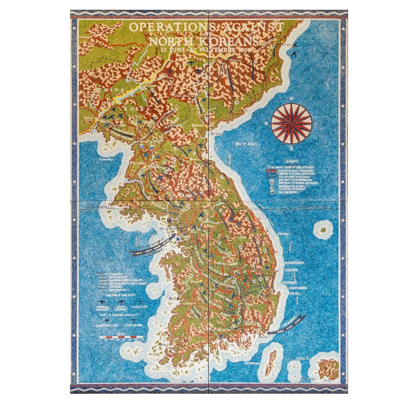 Battle map illustrating the operations against North Koreans during the Korean War. 