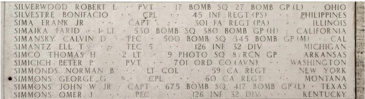 Picture of the name of 1st Lt. Farid Simaika on the Walls of the Missing at Manila American Cemetery. Credit: American Battle Monuments Commission.