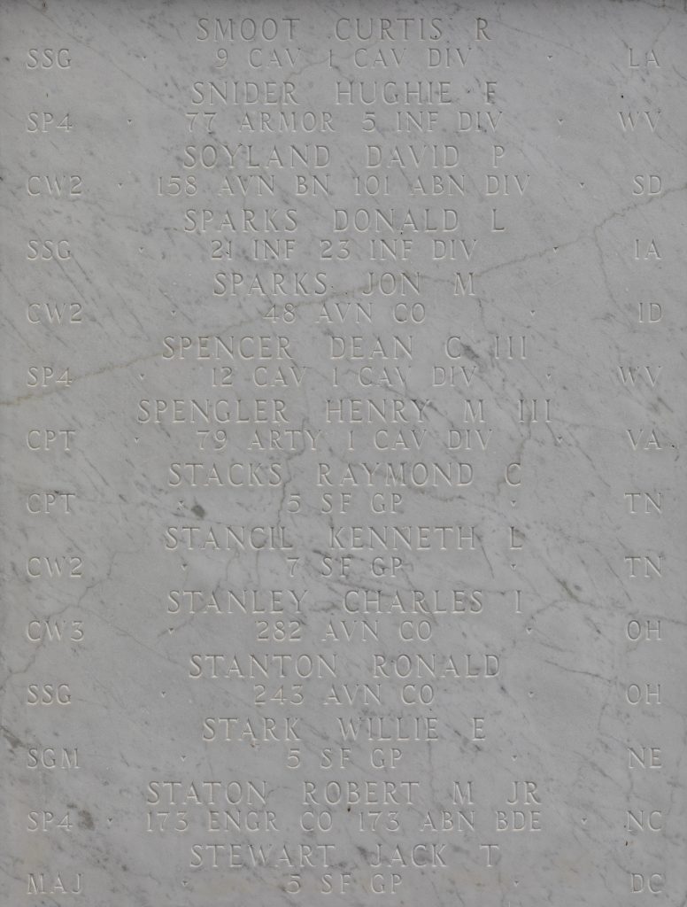 Closeup of Donald Sparks’s name is permanently engraved on stone memorial at the Honolulu Memorial at National Memorial Cemetery of the Pacific in Honolulu, Hawaiʻi.