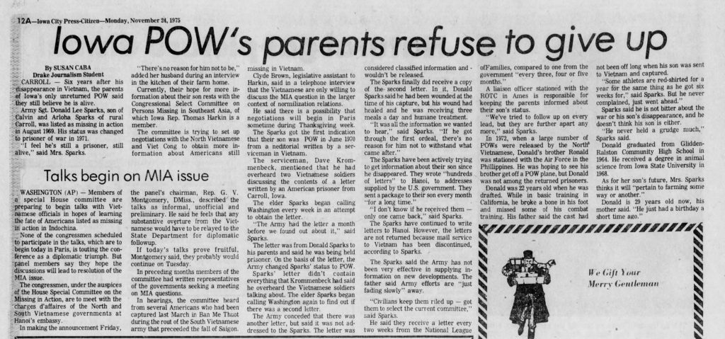 Newspaper page with headline about Iowa POW's parents.