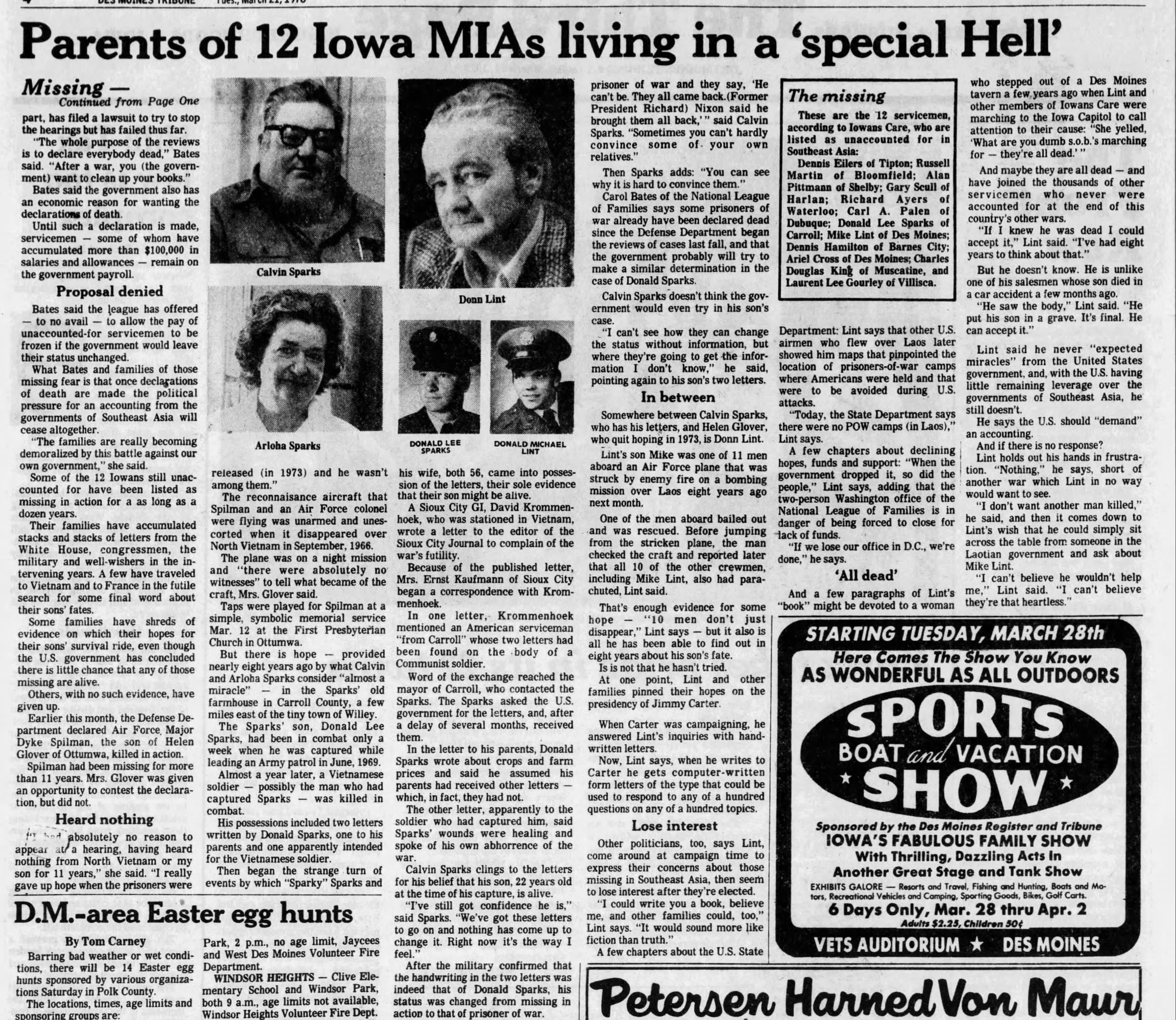 Newspaper page with headline about parents of Iowa MIAs.