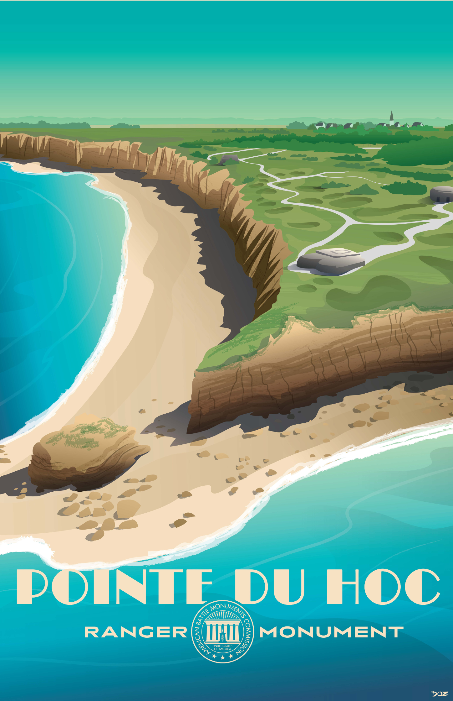 Vintage poster of Pointe du Hoc Ranger Monument created to mark ABMC Centennial