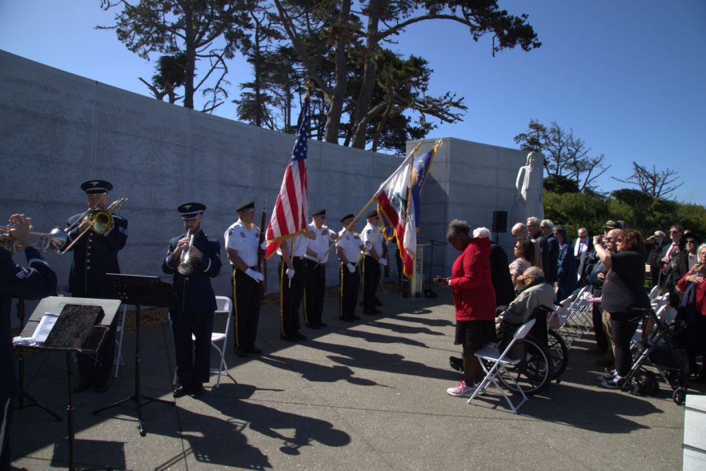 Guests gather at the West Coast Memorial May 22, 2025, to dedicate a new marker at the memorial honoring the U.S. Merchant Marines.