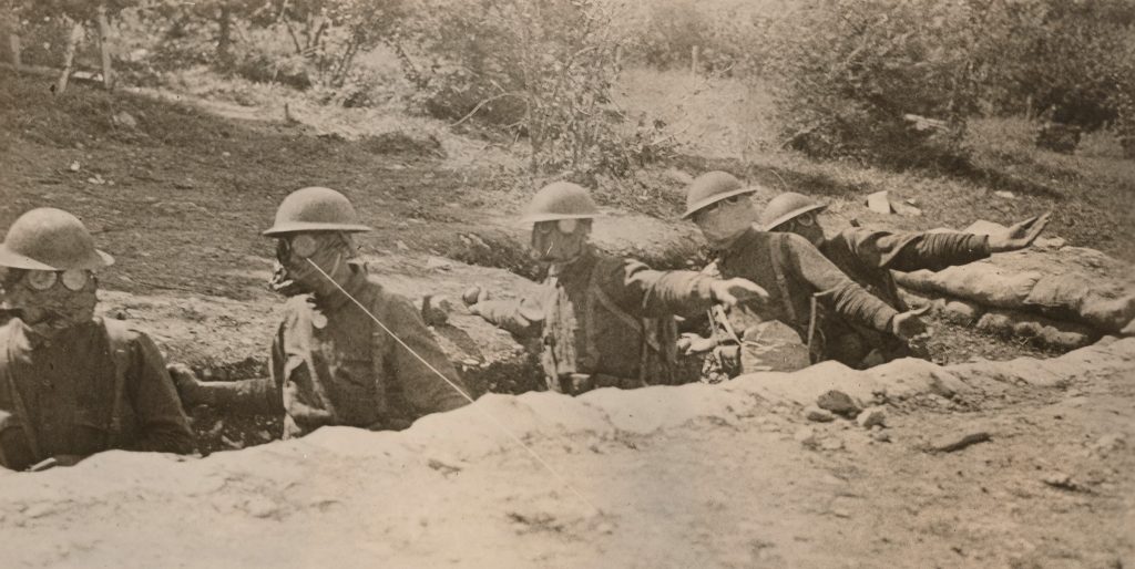 U.S. Marines training with gas masks in France, Jan. 11, 1918. (National Archives and Records Administration)