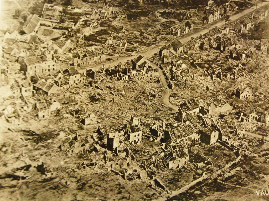 An aerial photo shows the destruction at Vaux, France. (Library of Congress)