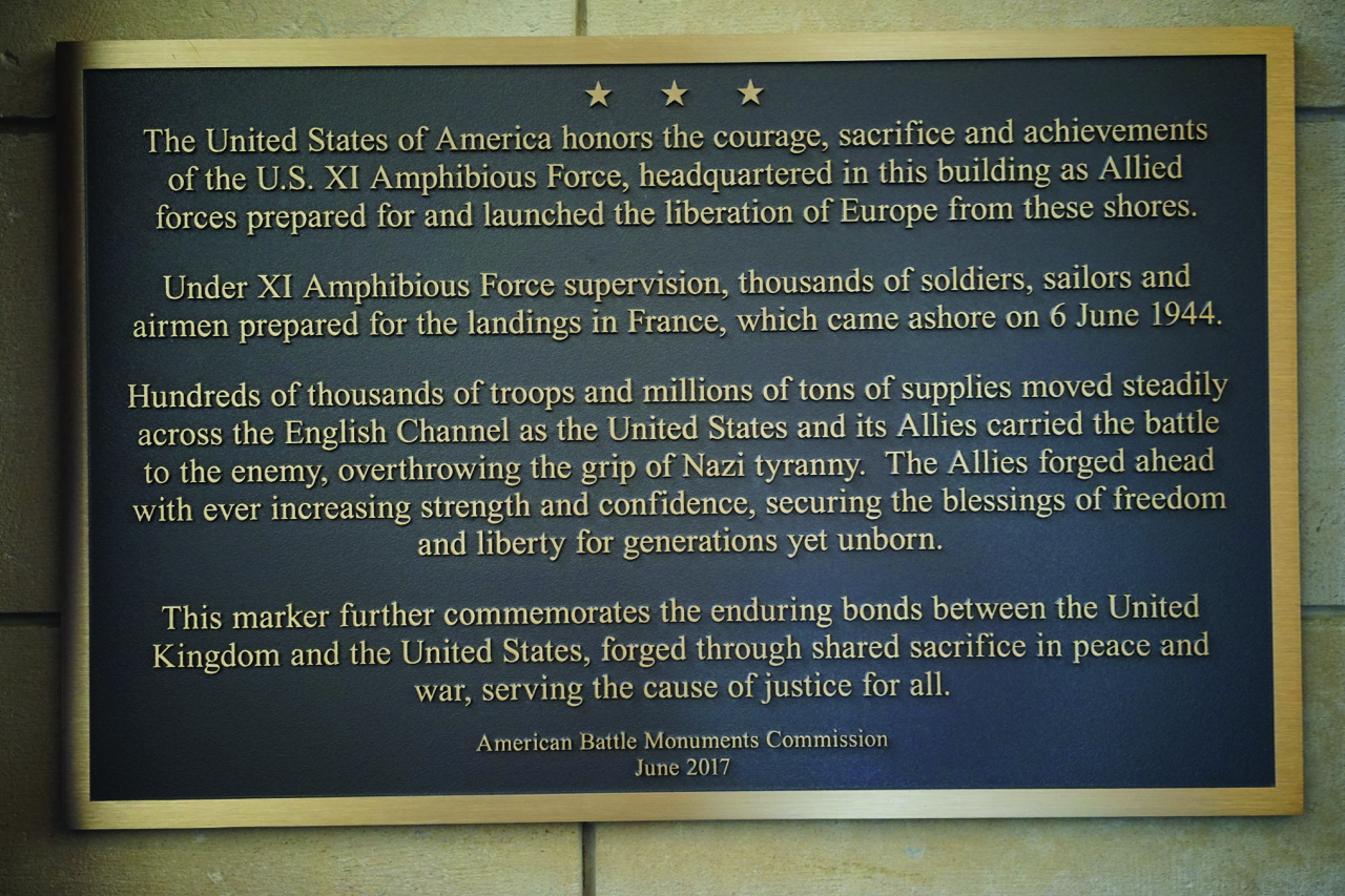Picture of the XI Amphibious Force Marker at Britannia Royal Naval College. Credit: American Battle Monuments Commission. 