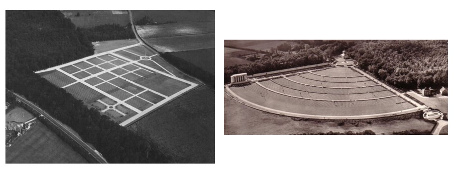 Left: This photo is believed to be of the temporary American military cemetery at Cambridge after the last wartime burial, circa 1946. Right: The completed permanent Cambridge American Cemetery, circa 1954. Credit: American Battle Monuments Commission