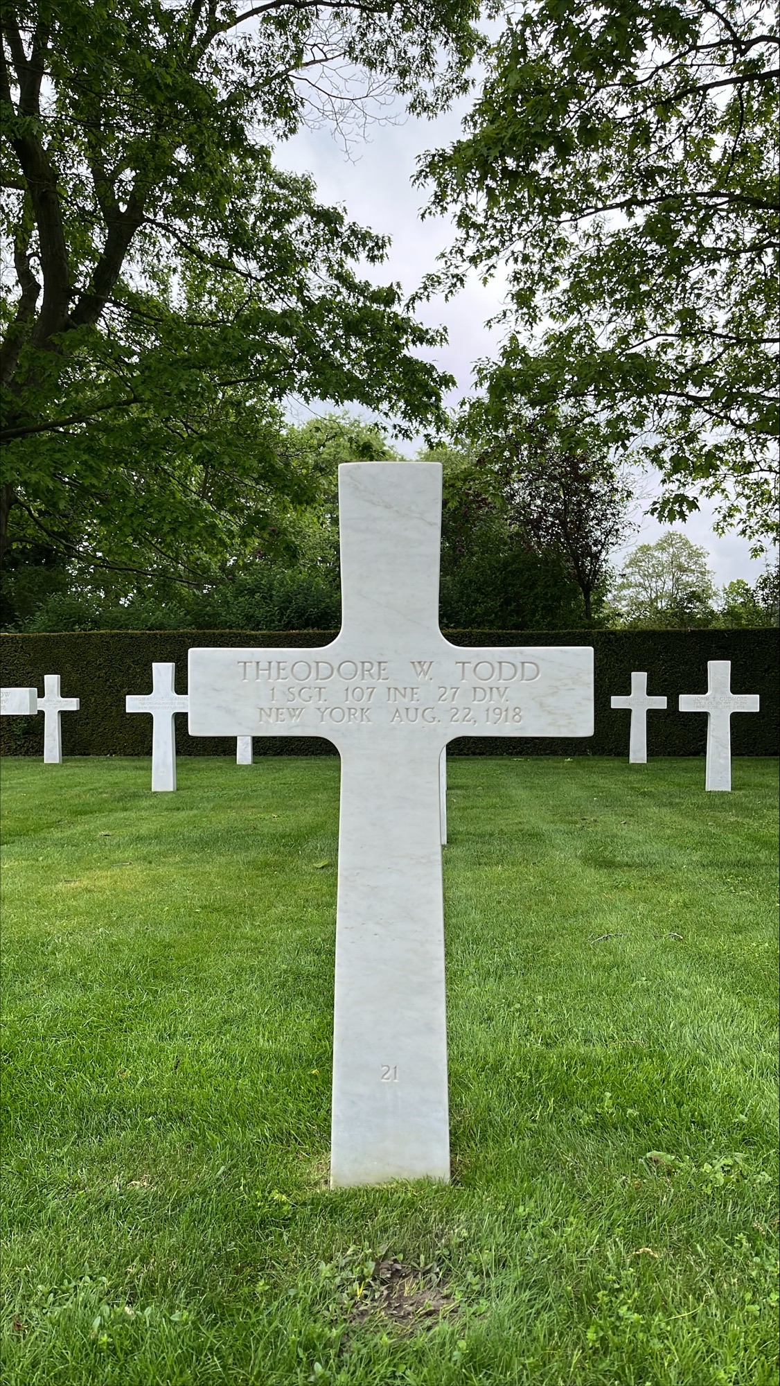 View of the headstone of 1st Sgt. Theodore Todd at Flanders Field American Cemetery.